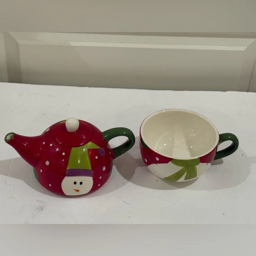Pier 1 Snowman Teapot Set - Christmas Snowman Two Tier Teapot ~ Excellent